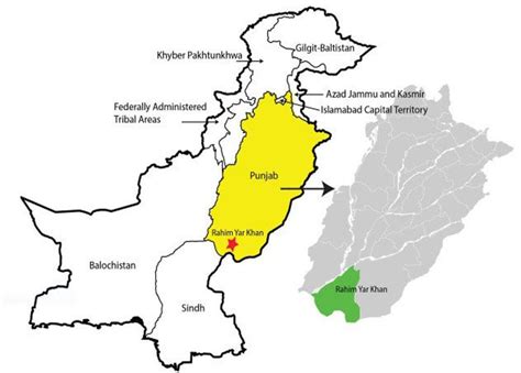 Map of Pakistan with coordinates and legends indicating Rahim Yar Khan... | Download Scientific ...