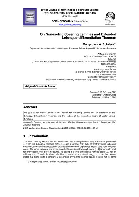 (PDF) On Non-metric Covering Lemmas and Extended Lebesgue-differentiation Theorem