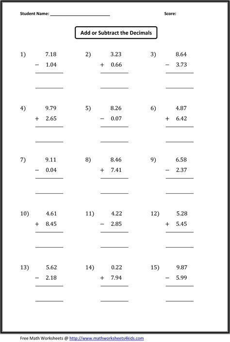 Decimal Worksheet Grade 6