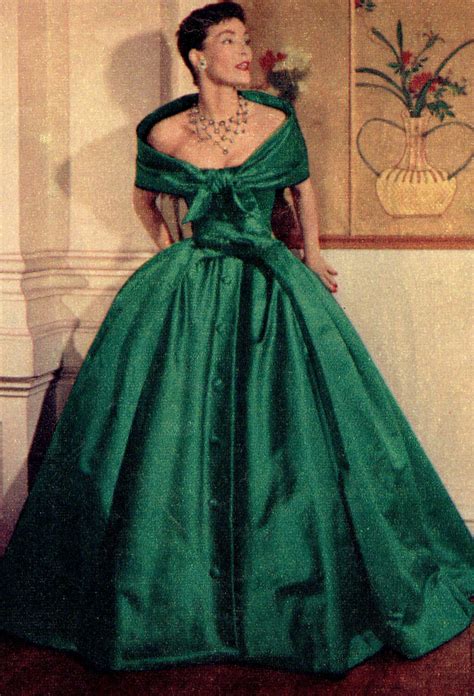 1950s Dreamy Dior Gown in Green Satin This fabulous off-shoulder gown ...