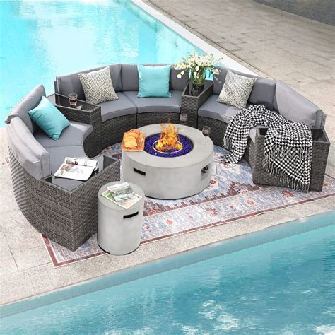 Wicker Curved Outdoor Sectional with Propane Fire Pit | Jardina