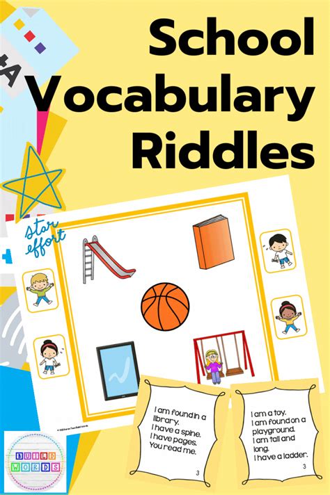 an image of a book cover with the words school vocaulary riddles