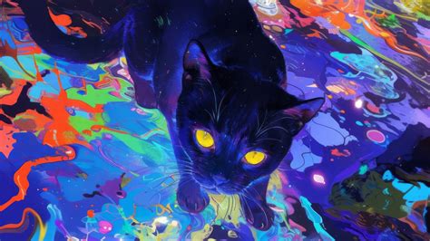 Black Cat Colorful Floor 4K #7200j Wallpaper PC Desktop