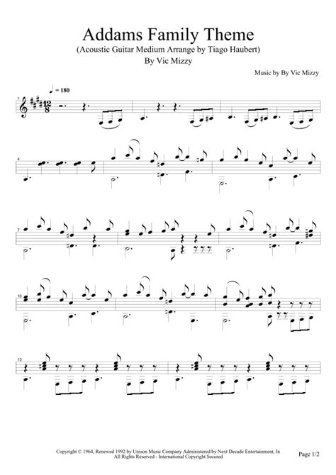 Addams Family Theme Sheet Music | Vic Mizzy | Guitar and Piano