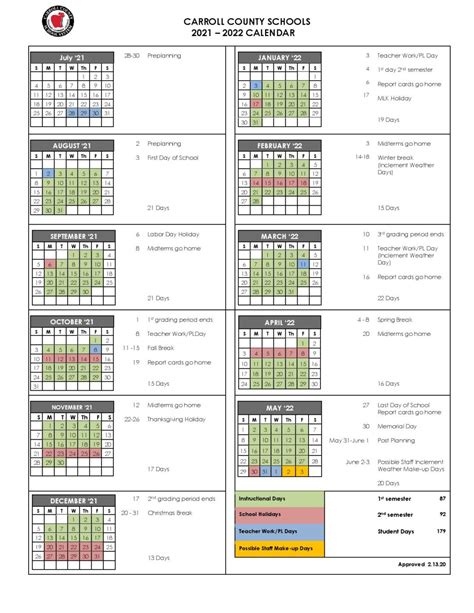 Carroll County Schools Calendar 2021-2022 in PDF