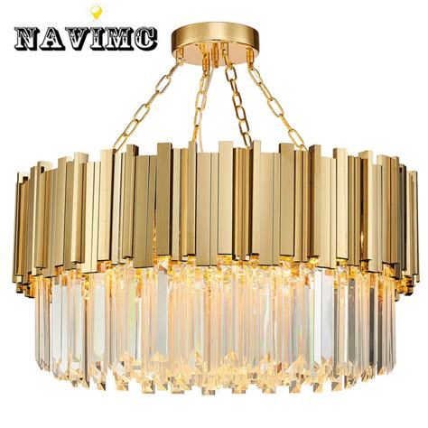 Modern Crystal Lamp Chandelier For Living Room Luxury Gold Round Stainless Steel Chain ...