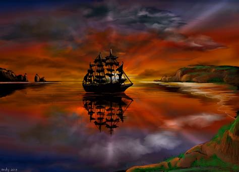 Pirate Ship at Sunset by MaiDin on DeviantArt