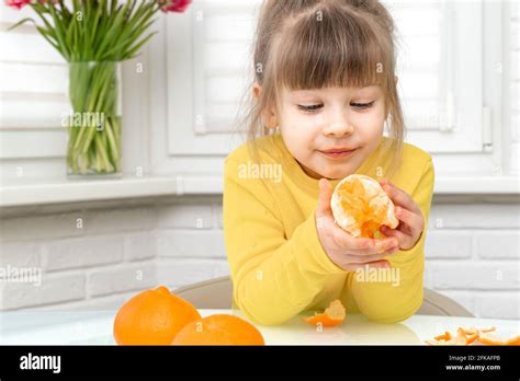 happy little girl eating big mandarin whole while sitting at table in white kitchen Stock Photo ...