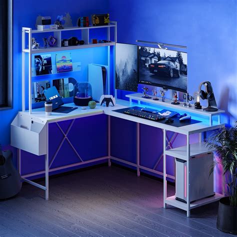 Jojoka L Shaped Storage Shelf Computer Gaming Desk with LED Lights ...