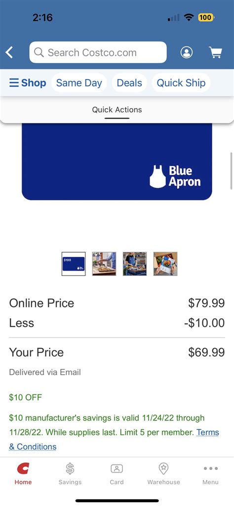 Blue Apron gift card sale @ Costco - $69.99 for $100 GC : r/blueapron