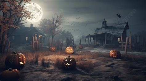 Scary Halloween Scene With Pumpkins And Old Buildings Background, 3d ...