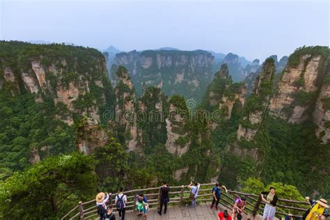 Wulingyuan, China - May 27, 2018: Tourists on Pathway in Tianzi Avatar ...