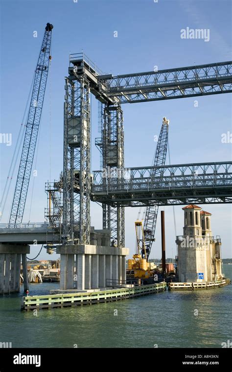 The temporary lift bridge and construction work on the bridge of lions St Augustine Florida USA ...