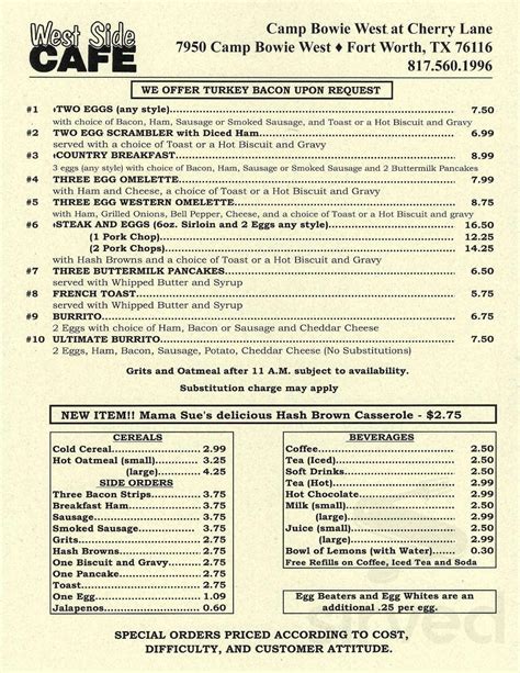 West Side Cafe menus in Fort Worth, Texas, United States