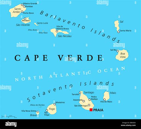 Cape Verde Political Map with capital Praia and important cities. English labeling and scaling ...