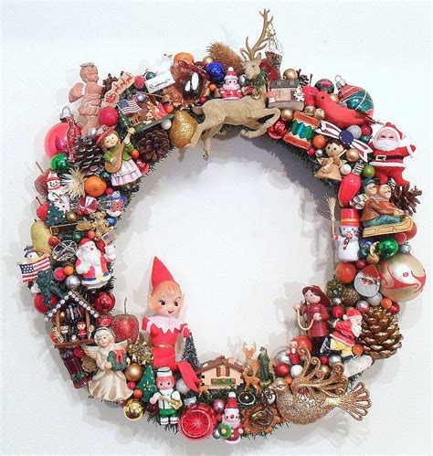 Christmas Wreath with Vintage Ornaments Kitsch Americana