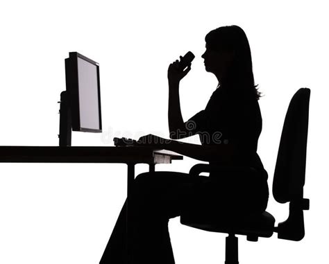 Silhouette of woman working computer (phone). Isolated on white ...