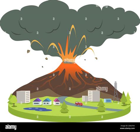 Volcano eruption in small city cartoon vector illustration. Volcanic activity. Active volcano ...