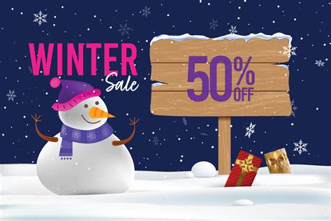 Winter sale banner template. offer written on wooden board with happy ...