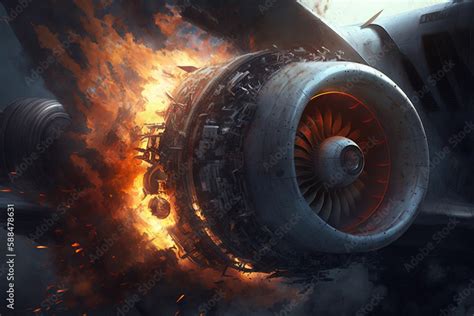 Fire explosion of a plane engine. Burning flames engulfing a destroyed ...