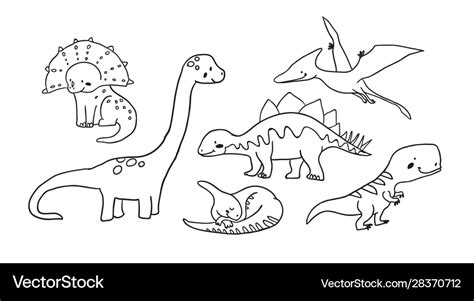 Cute dinosaurs in outline ink style Royalty Free Vector