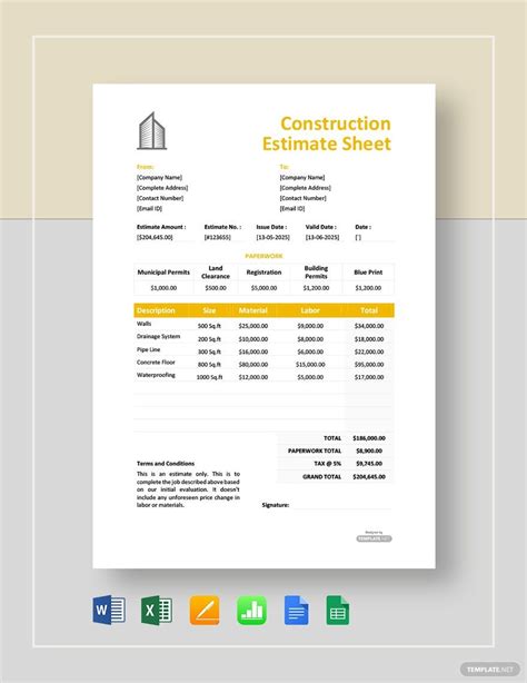 Construction Estimate Template Google Sheets