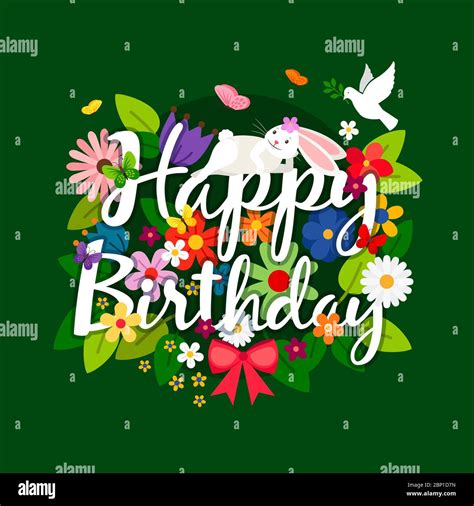 Happy birthday card with flowers bouquet and bird on bright green background. Vector ...