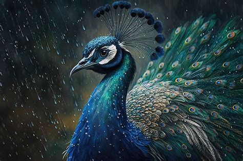 Premium AI Image | Peacock in the rain feathers shimmering