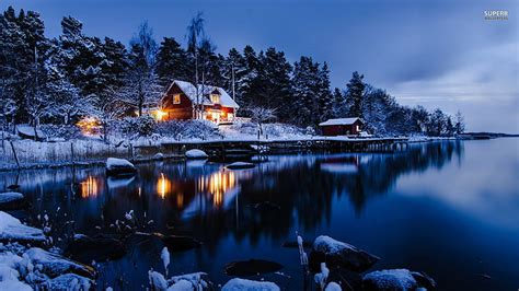 HD wallpaper: cabin, house, Norway, nature, lake, winter, landscape ...