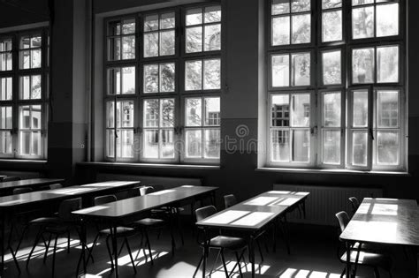 Black and White Photo of a Classroom with Students and a Teacher, Empty Classroom in Black and ...