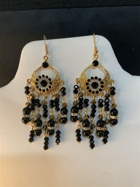 Gold black crystal chandelier earrings 67 by Pamelamaycollection