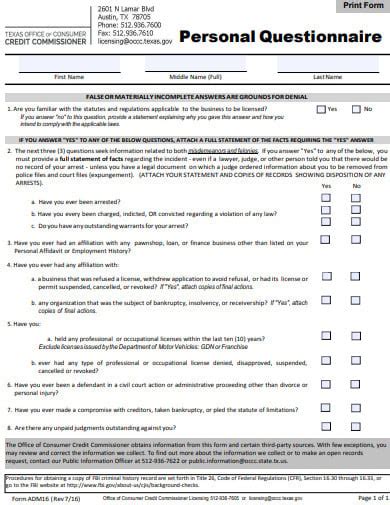 10+ Personal Questionnaire Templates in PDF | Microsoft Word | Free & Premium Templates