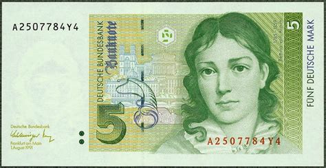 Germany 5 Deutsche Mark banknote 1991 Bettina von Arnim|World Banknotes & Coins Pictures | Old ...