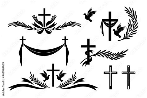 Funeral ornamental decorations. Vector memorial design elements. Borders and dividers with cross ...