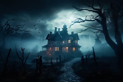 A Haunted House Shrouded in Eerie Lighting and Mysterious Fog Stock ...