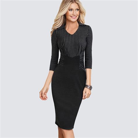 Women Fashion Apparel Work Office Casual Dress Vintage Striped One piece Sheath Bodycon Career ...