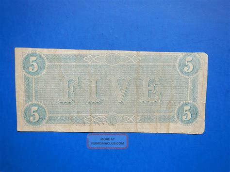 Civil War Confederate 1864 5 Dollar Bill Richmond Paper Money Five