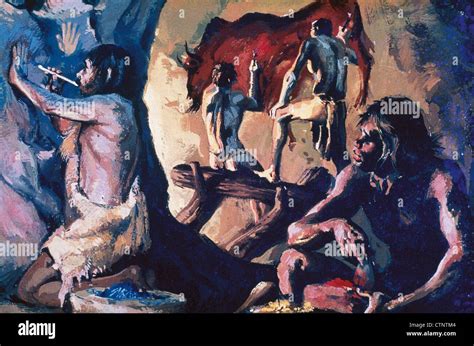 Prehistory. Upper Paleolithic. Homo Sapiens painting a bison during a ...