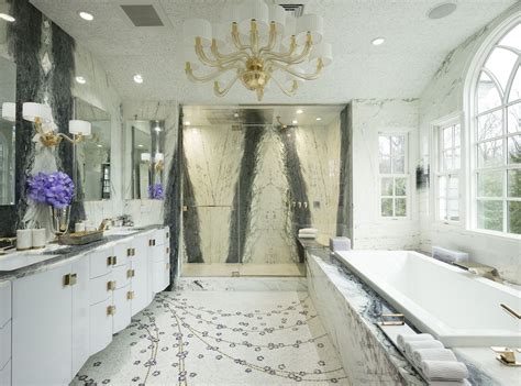 Artistic Tile | Calacatta Gold Marble Walls and Bath with Custom Xanadu Falls Floor | Artistic ...