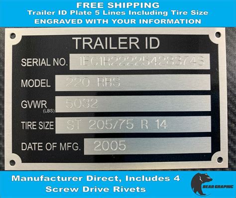 Trailer Id Tag (engraved) Serial Number Plate Id Tag 5 Lines Including Tire Size - New for sale ...