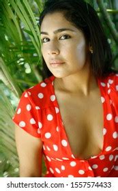 Young Woman Brown Hair Red Polka Stock Photo 1557574433 | Shutterstock