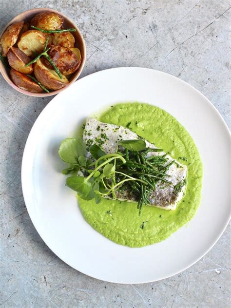 Herb Baked Fish with Pea Purée, Samphire & Shoots - Ceri Jones Chef ...