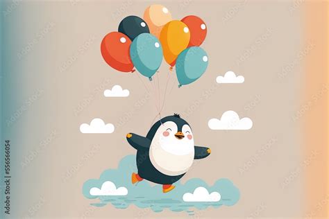 Cute penguin flying with balloons cartoon illustration. animal love ...