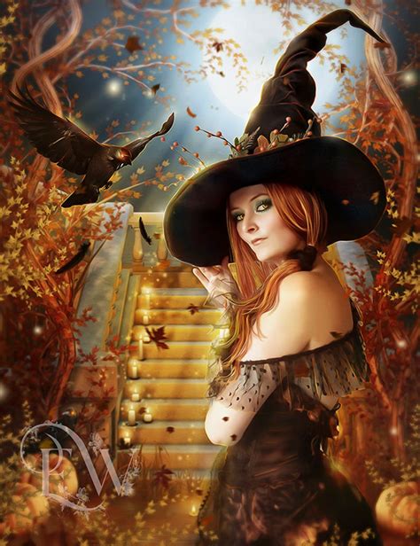 Sexy fantasy Halloween Witch art with crow and pumpkins art | Etsy