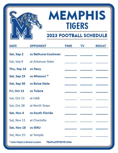 Printable 2023 Memphis Tigers Football Schedule