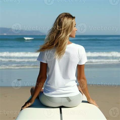 AI generated Girl sit on the surfing board, beach view, blank white t - shirt, back view ...