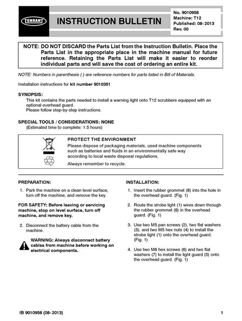 TENNANT T12 INSTRUCTION BULLETIN Pdf Download | ManualsLib