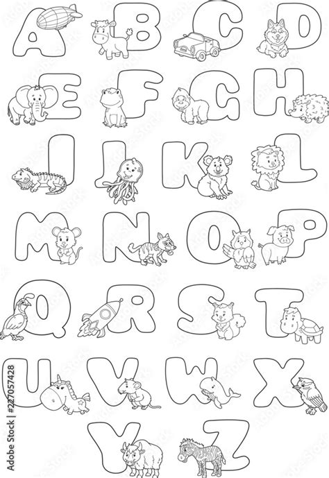 Cartoon alphabet poster. Vector illustration of educational alphabet coloring book page with ...