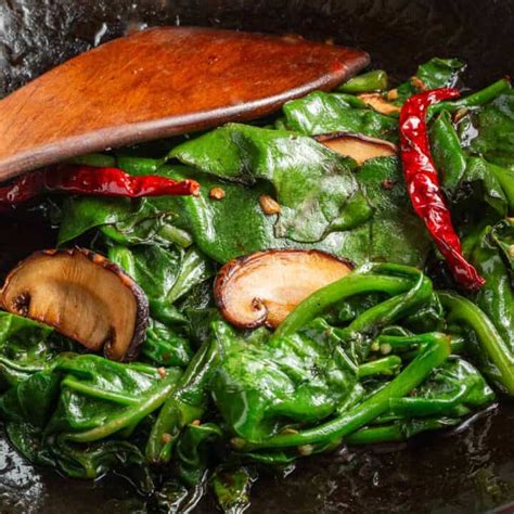 Mong Toi Stir Fry with Mushrooms (Malabar Spinach Recipe)