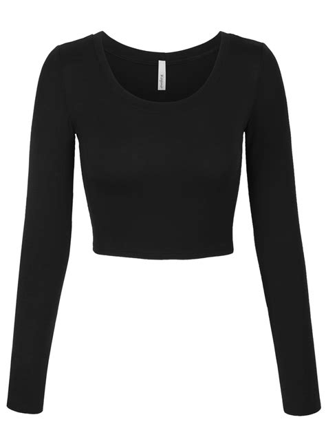 KOGMO Womens Long Sleeve Crop Top Solid Round Neck T Shirt - Walmart.com | Black long sleeve ...